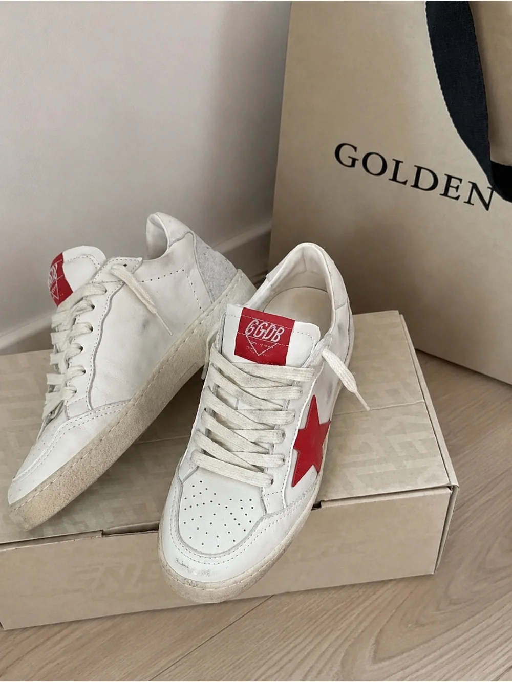 Golden Goose White Leather Sneakers with Red Star